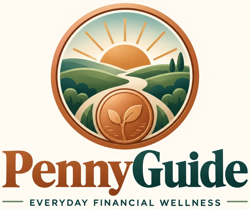 The PennyGuide logo: a copper coin on a winding path through green hills toward a rising sun